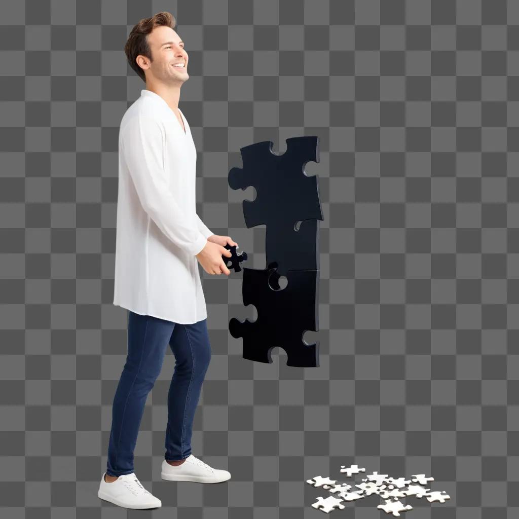 Man in white shirt with a puzzle that is solved