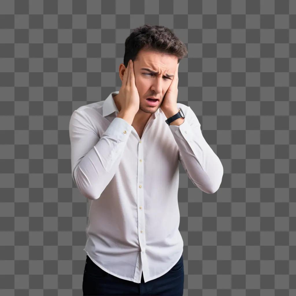 Man in white shirt with hands on ears