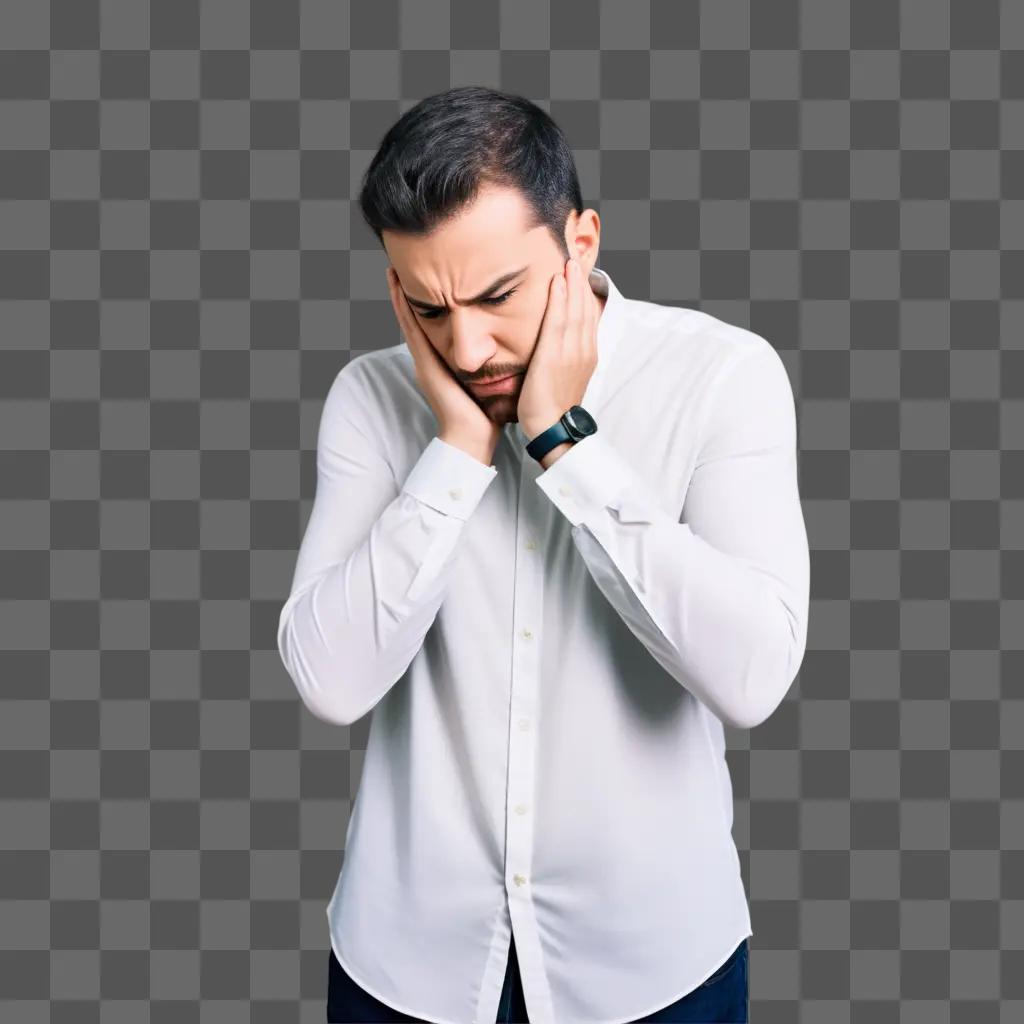 Man in white shirt with red hair and black watch holding his face