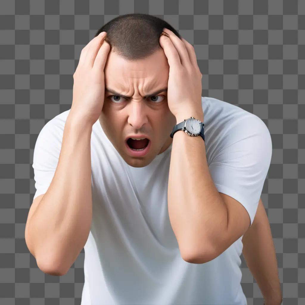 Man in white shirt with white wrist watch and angry face