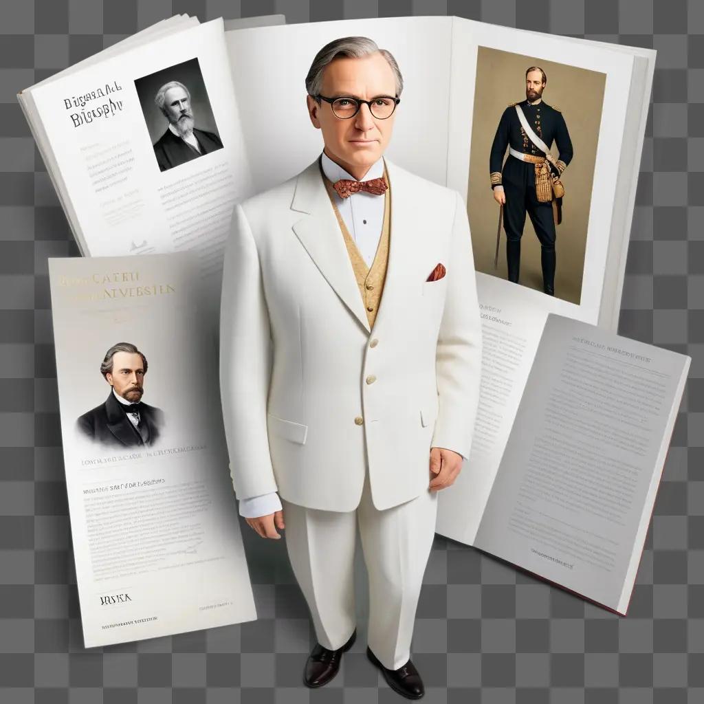 Man in white suit stands in front of books with biography