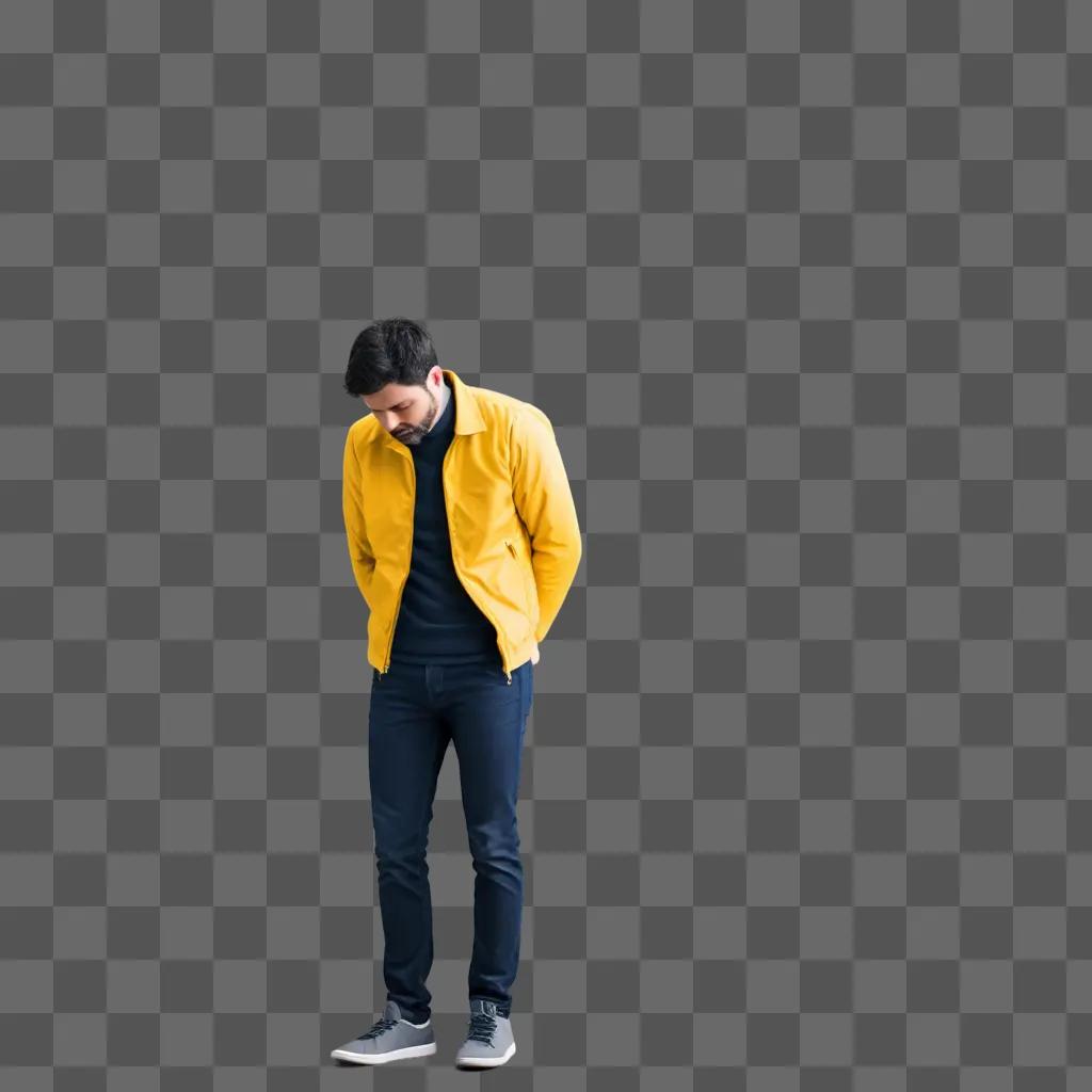 黄色いジャケットとジーンズを着た男が失敗を前に見下ろす