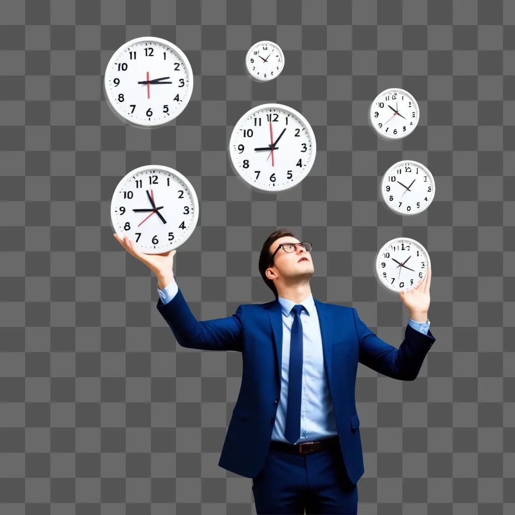 Man juggling clocks to manage time