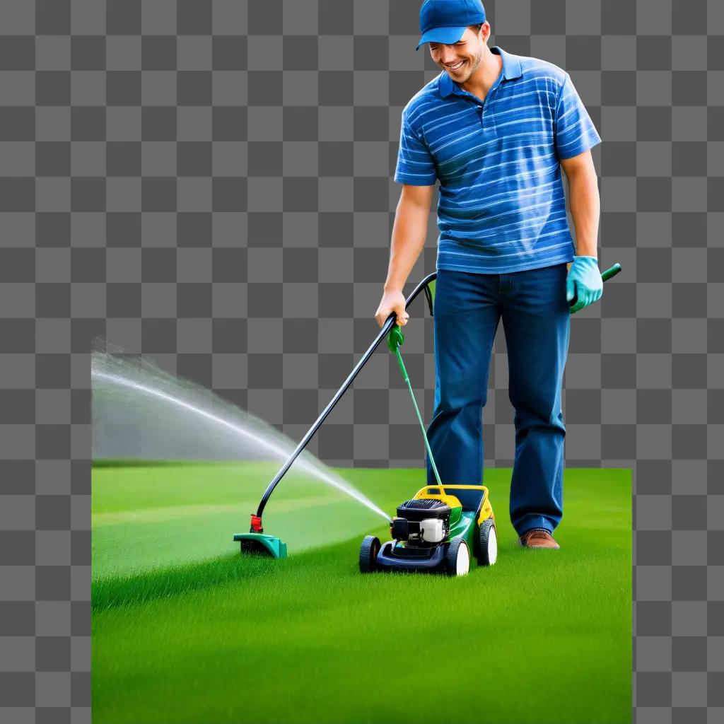 Man mows lawn with electric lawn mower