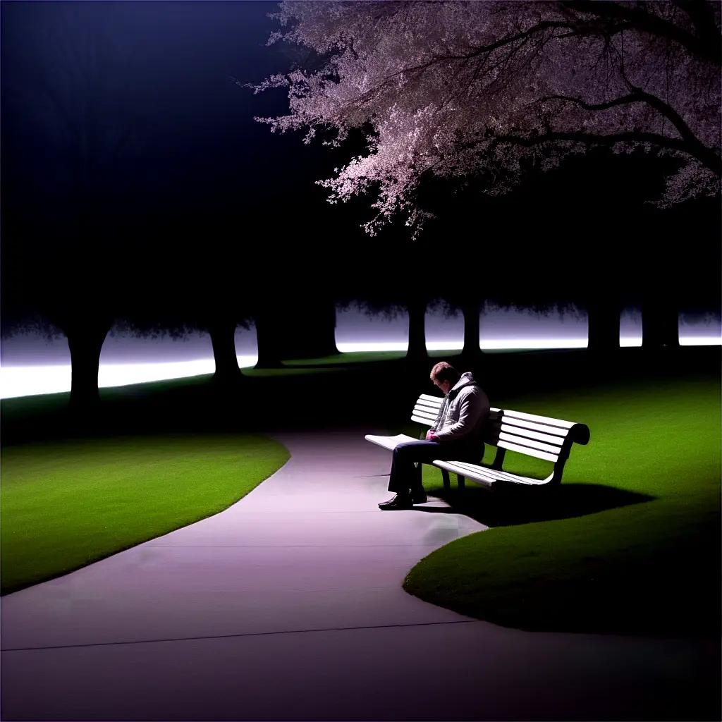 Man on bench, surrounded by trees, illuminated by moonlight