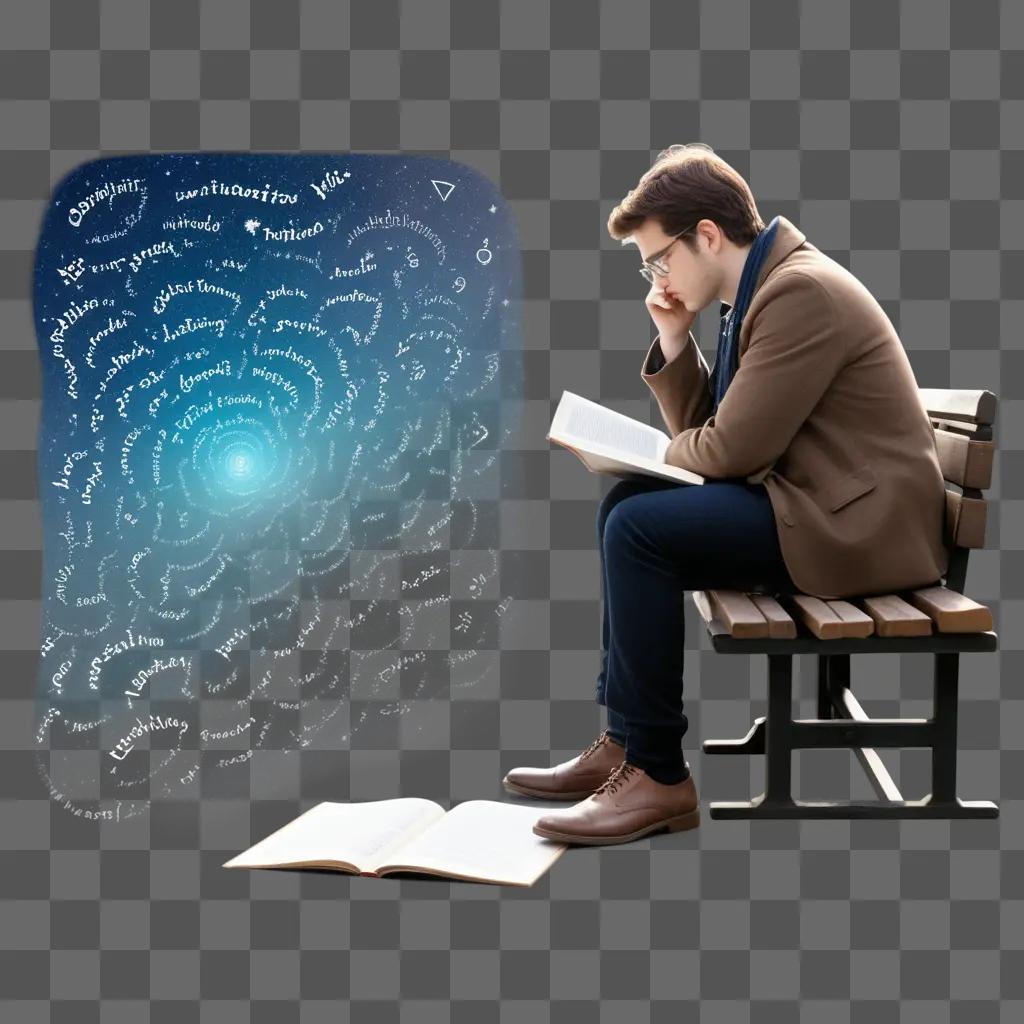 Man on bench ponders book with glowing question marks