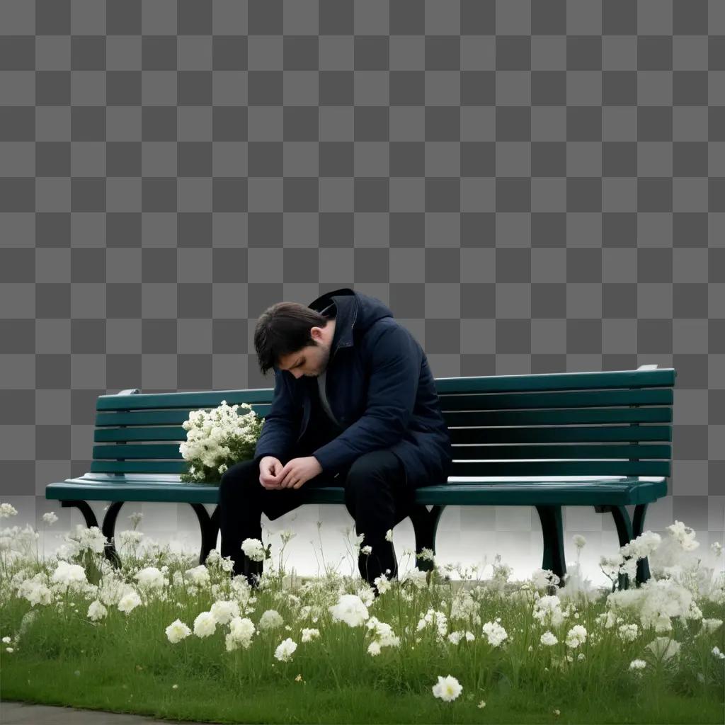 Man on bench with flowers in a field