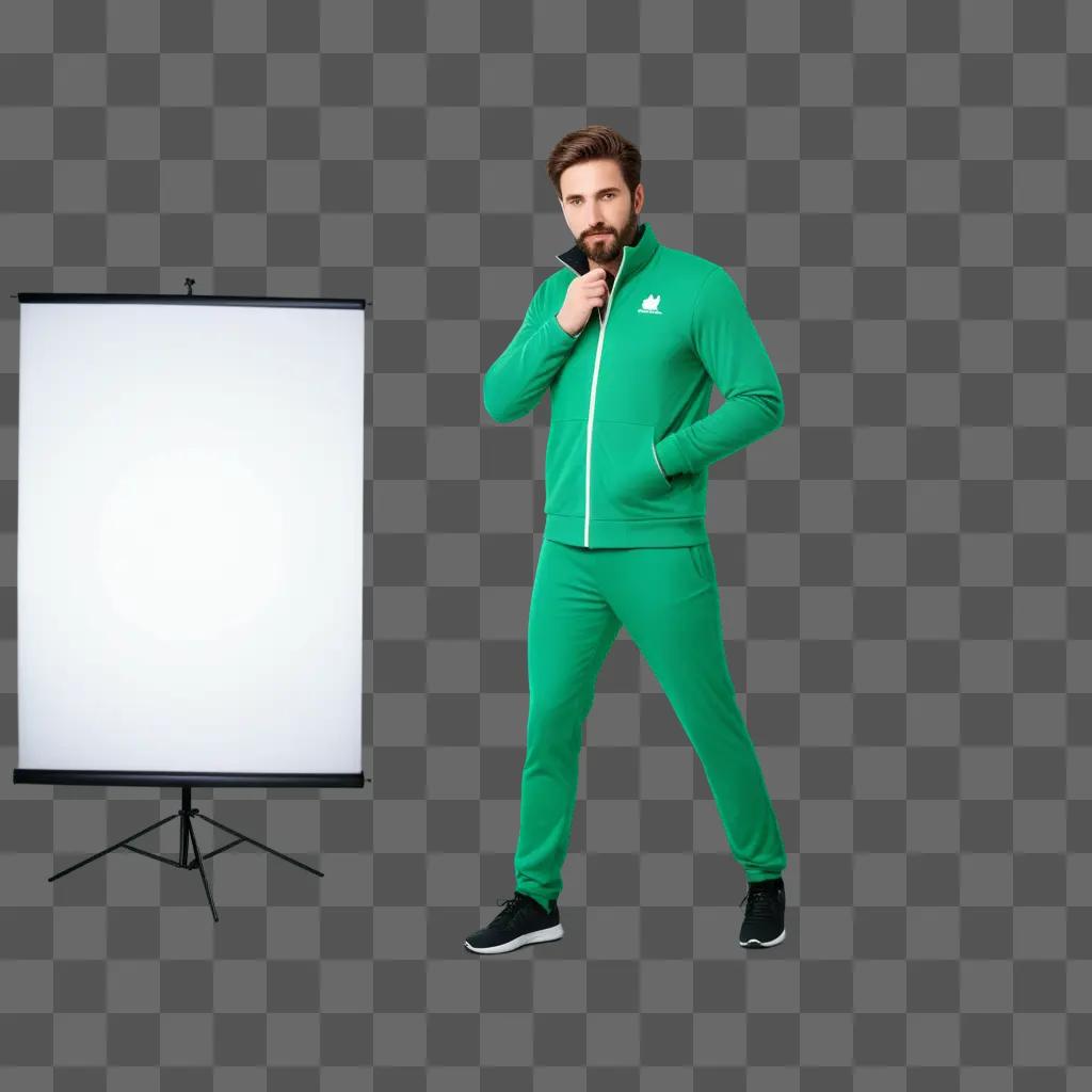 Man posing in green tracksuit in front of green screen