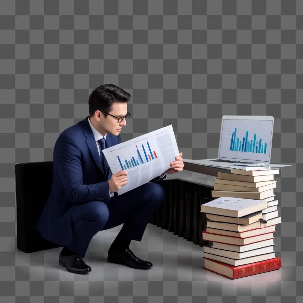 Man reads a newspaper with graphs, next to a laptop