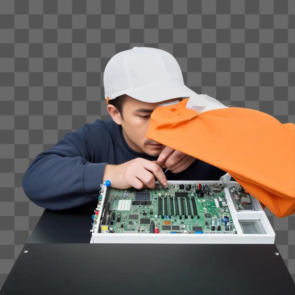 Man repairing a circuit board with an orange cloth