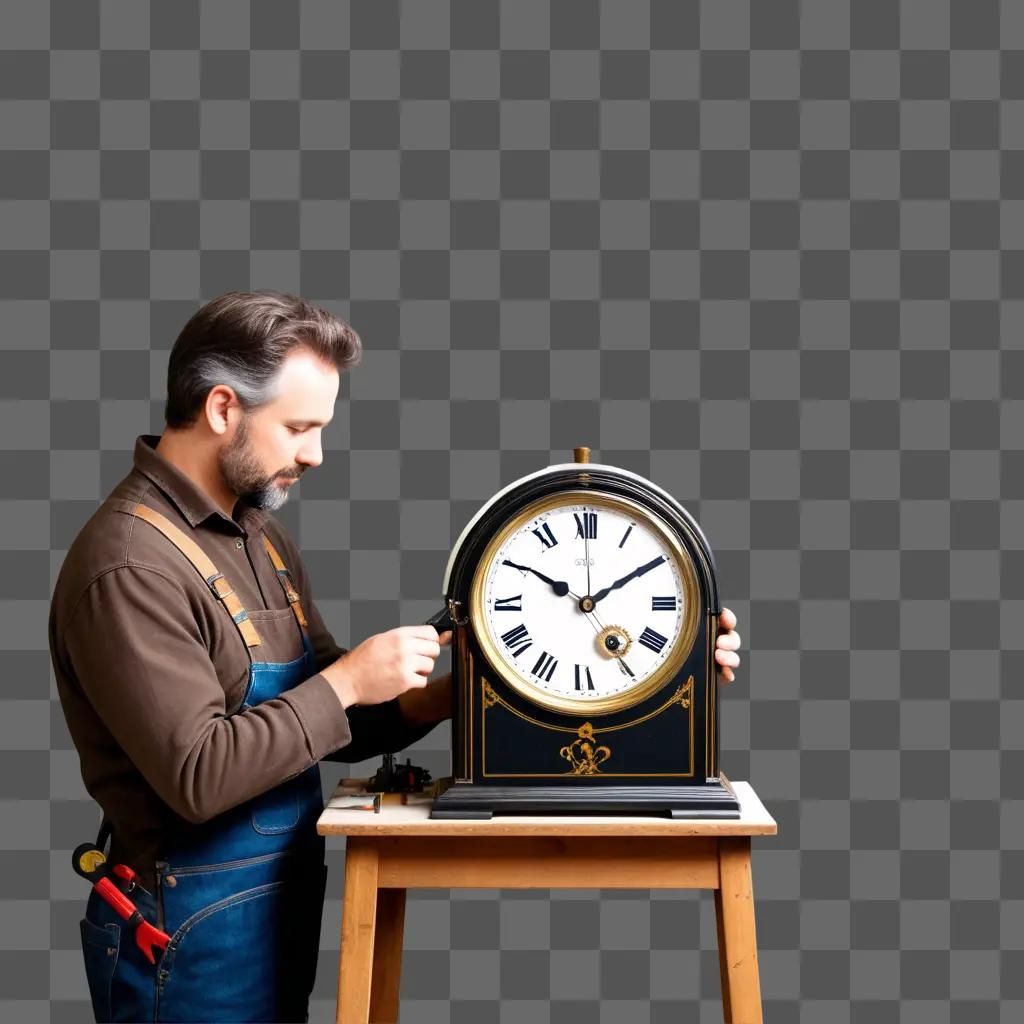 Man repairing a clock on a wooden table