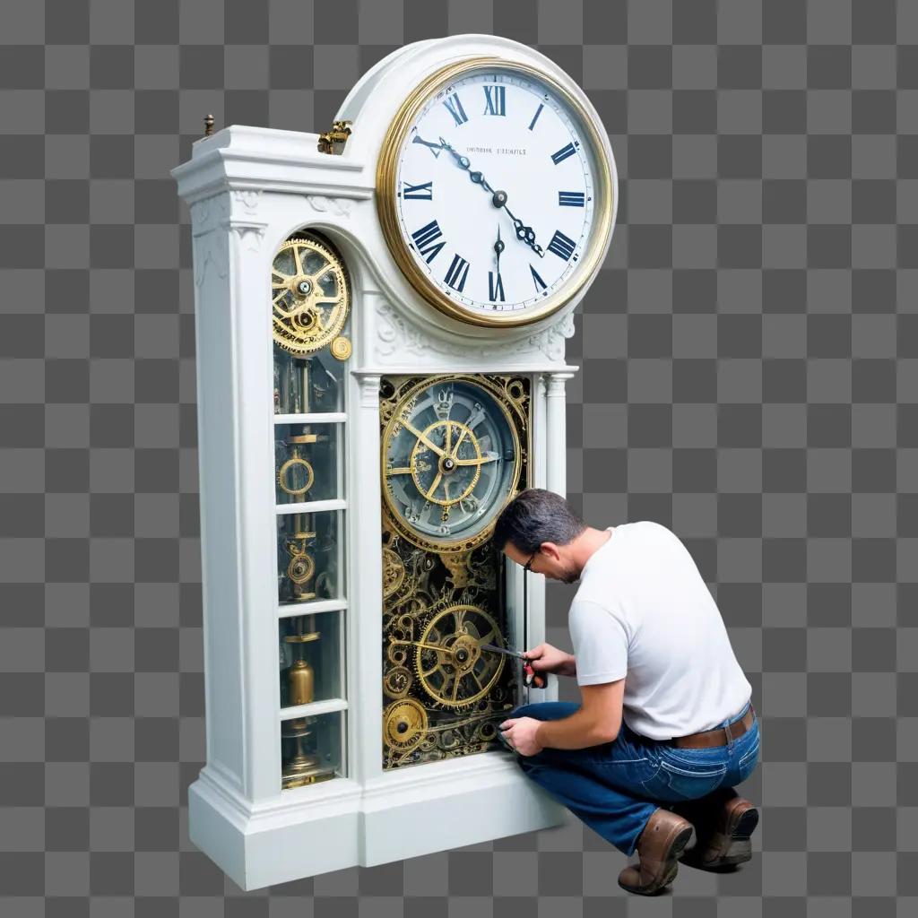 Man repairs a grandfather clock