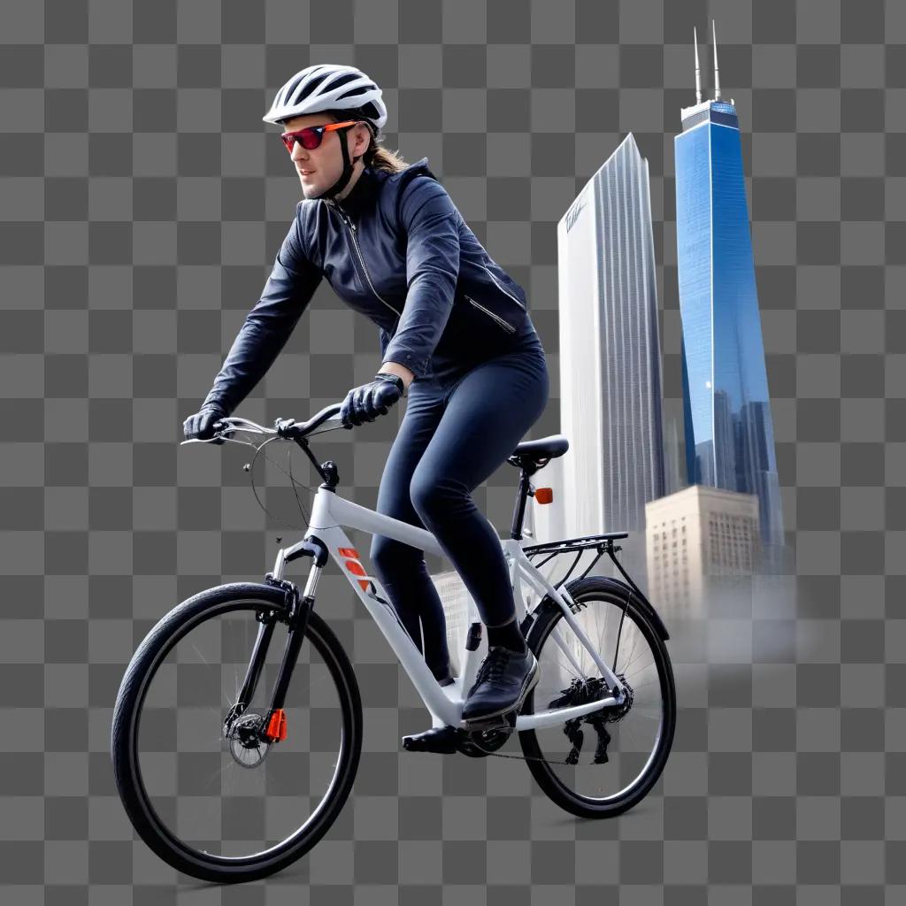 高層ビルを背景に街並みで自転車に乗る男