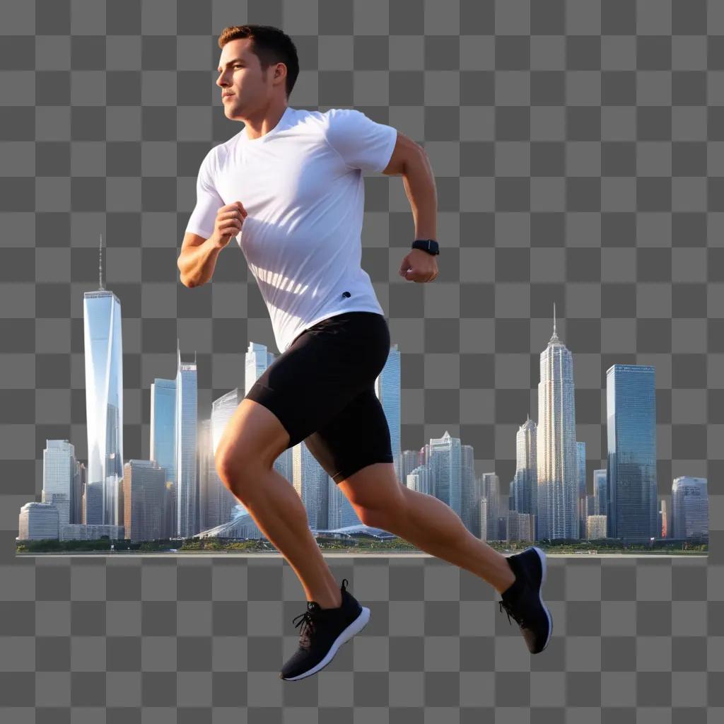 Man running in city with skyscrapers in the background