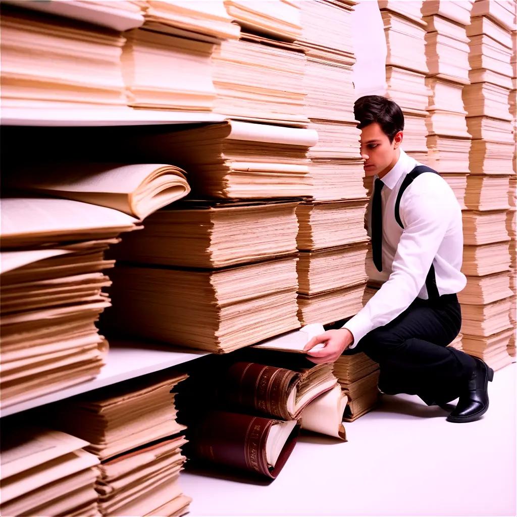 Man searches through a large stack of books