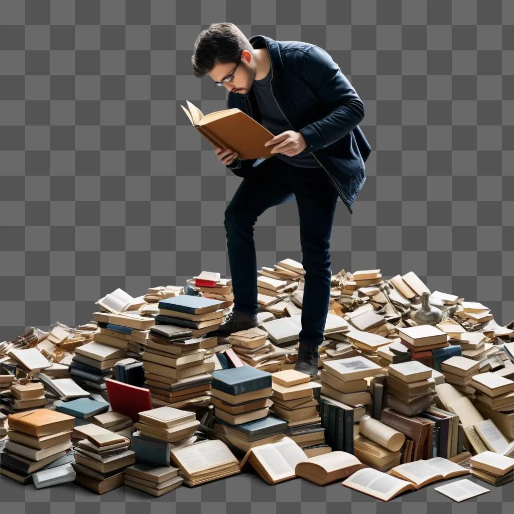 Man searching for answers in a pile of books