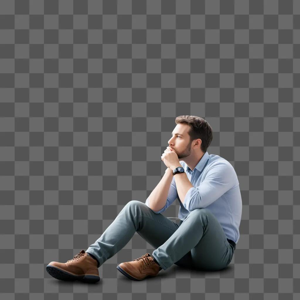 Man sits in questioning pose on gray background