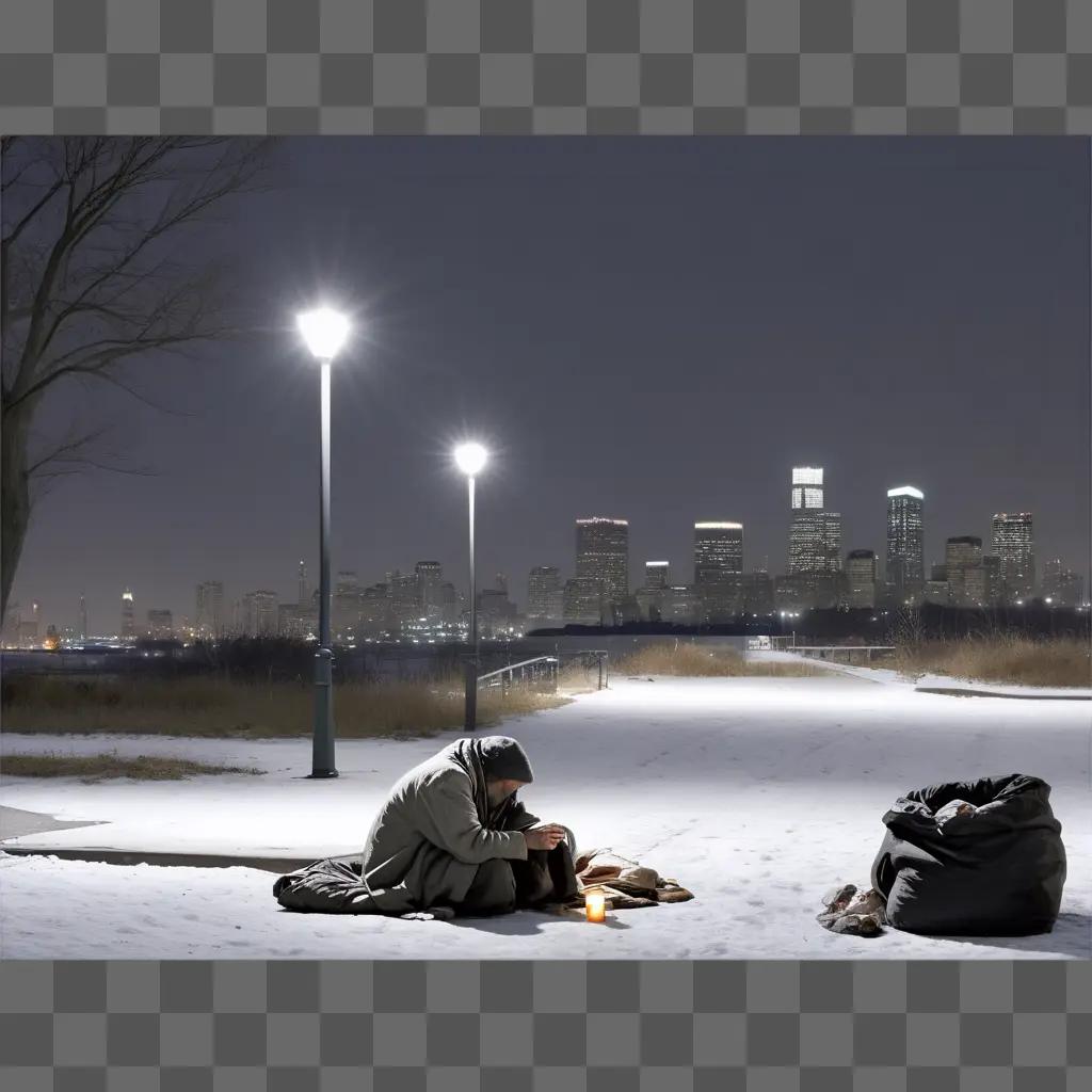 公園の街の明かりのそばで雪の上に座る男性