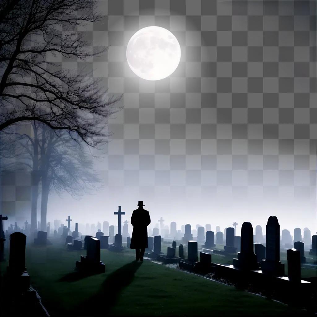 月明かりに照らされた墓地に立つ男