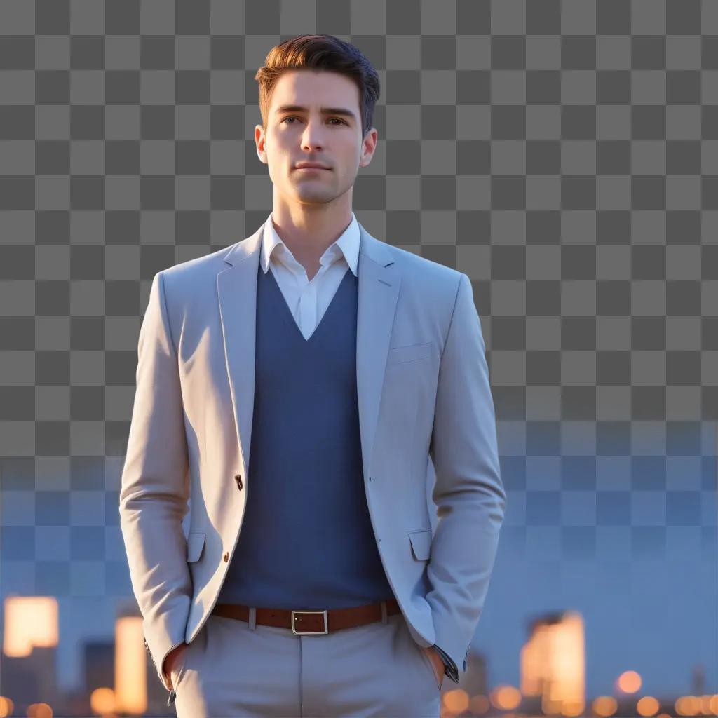 Man standing in city street wearing suit and tie