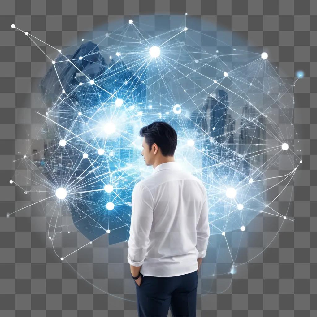 Man standing in front of a network of blue dots