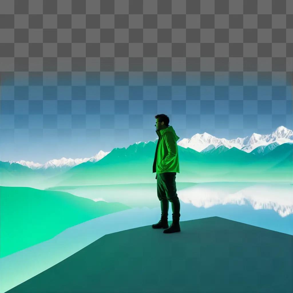 遠くに山々がある緑の背景に立っている男