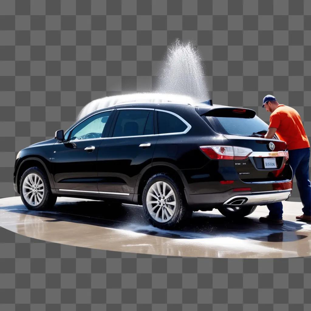 Man washing black car with water