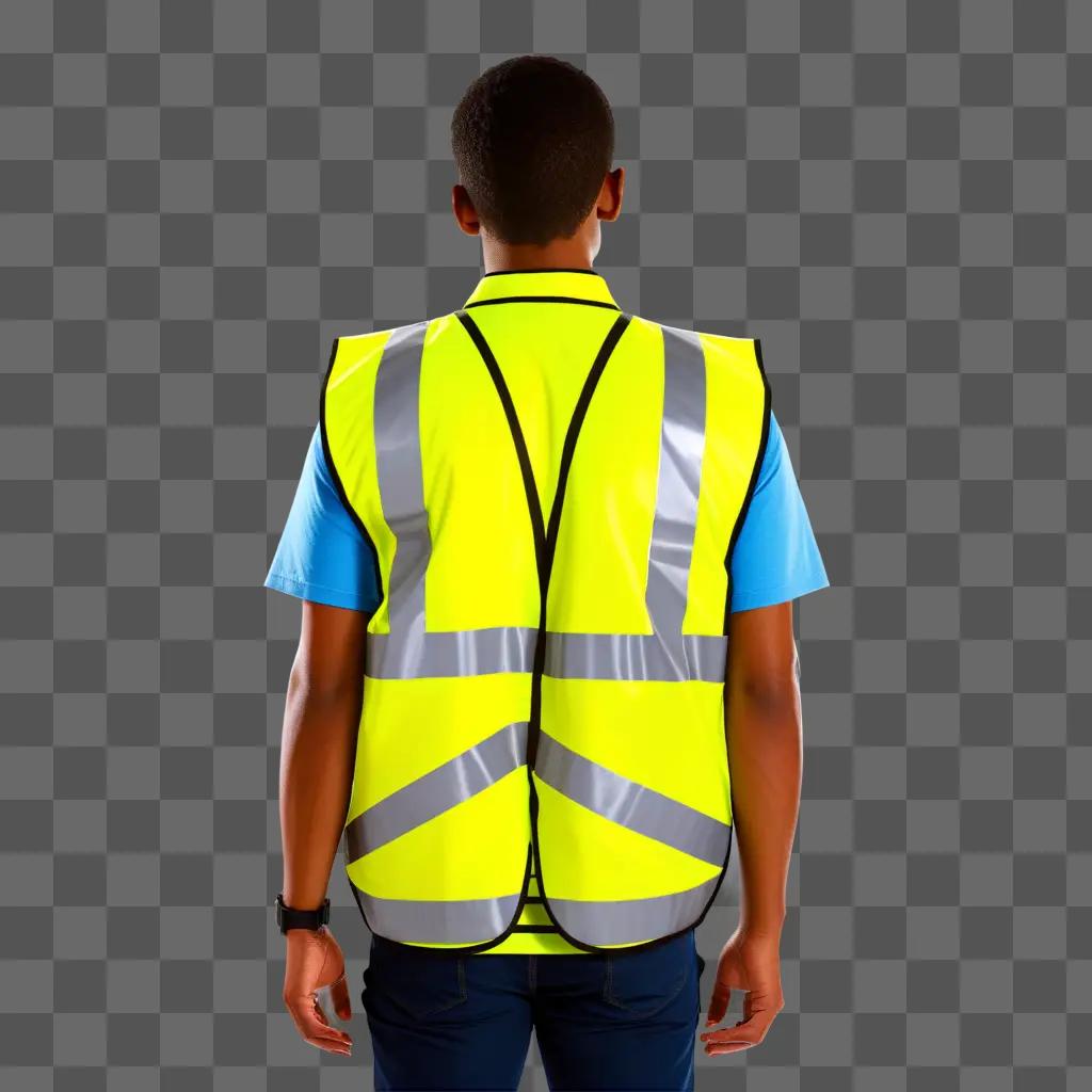 Man wearing yellow safety vest against a green background