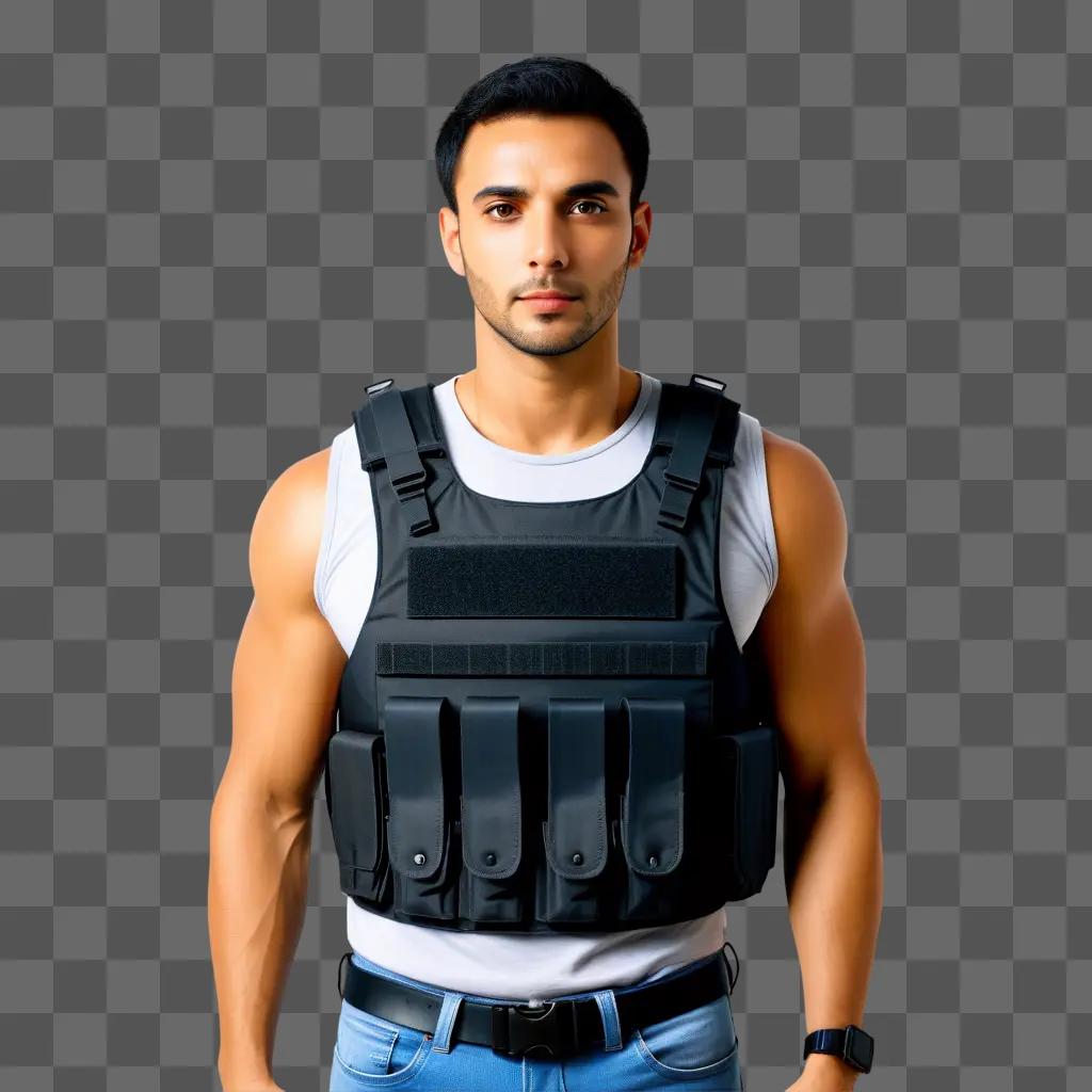 Man wears bulletproof vest for protection