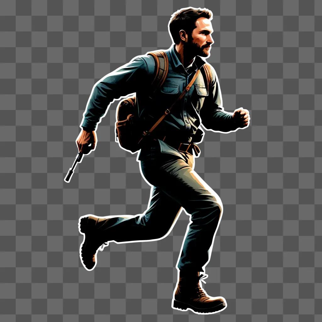 Man with a gun and backpack running away