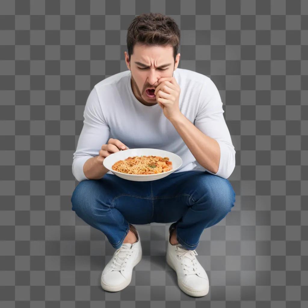 Man with a plate of food and mouth open showing hunger