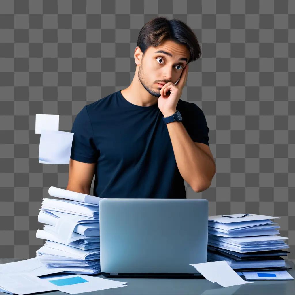 Man with a puzzled expression and a computer