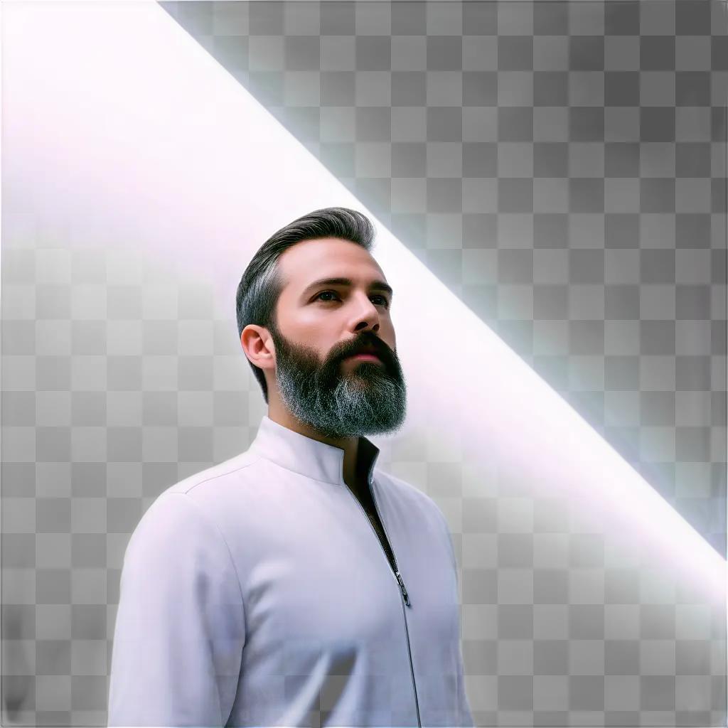 Man with a transparent beard stands in front of a white background