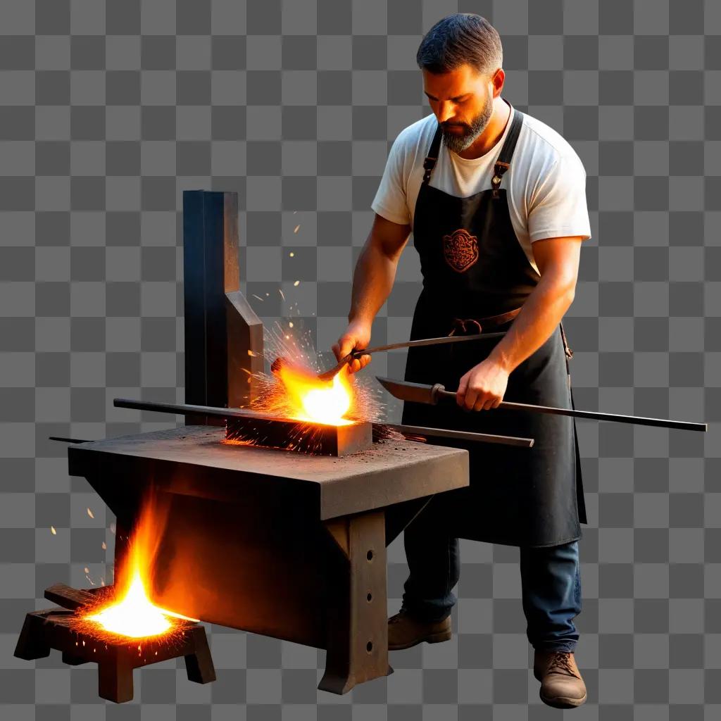 Man with apron crafting metal object with flames