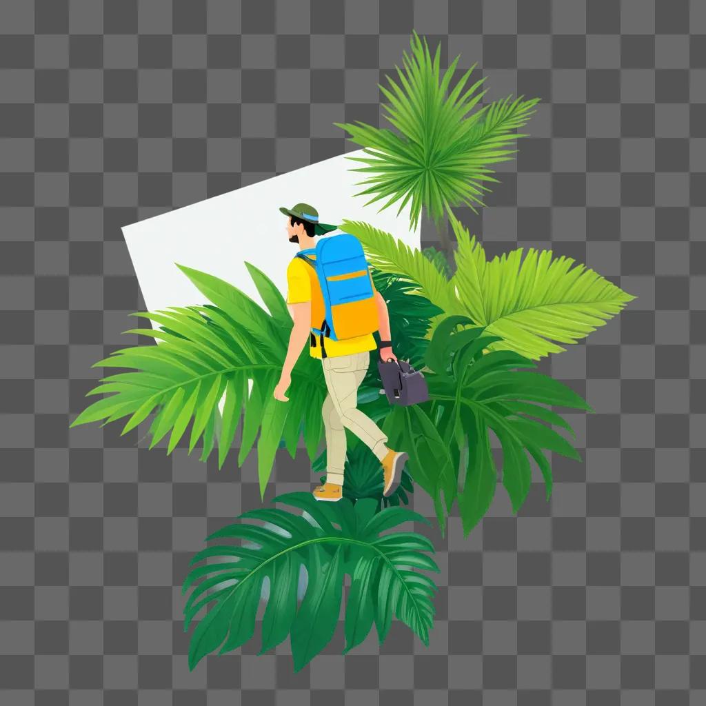 Man with backpack and briefcase exploring tropical jungle