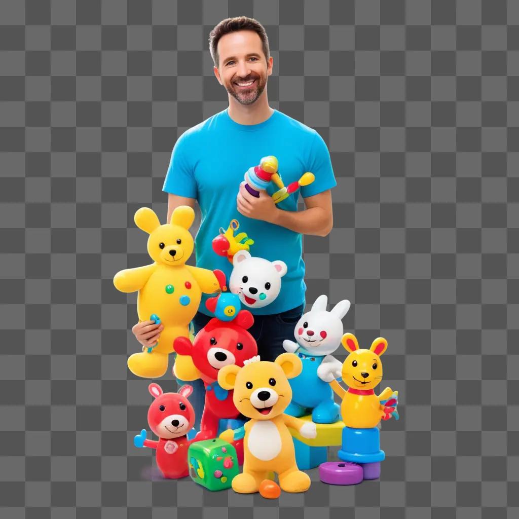 Man with cartoon toys on his hand