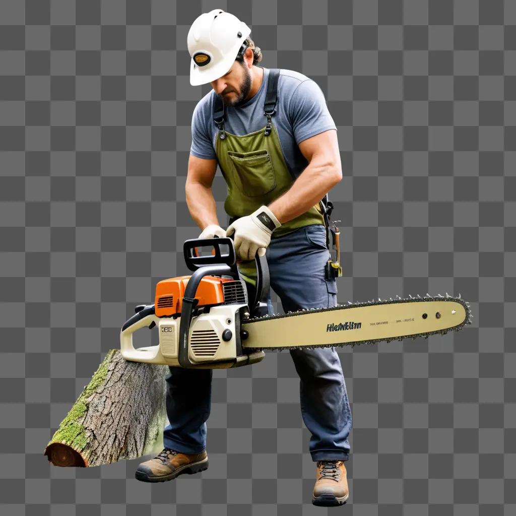 Man with chain saw, wearing a helmet and protective gear