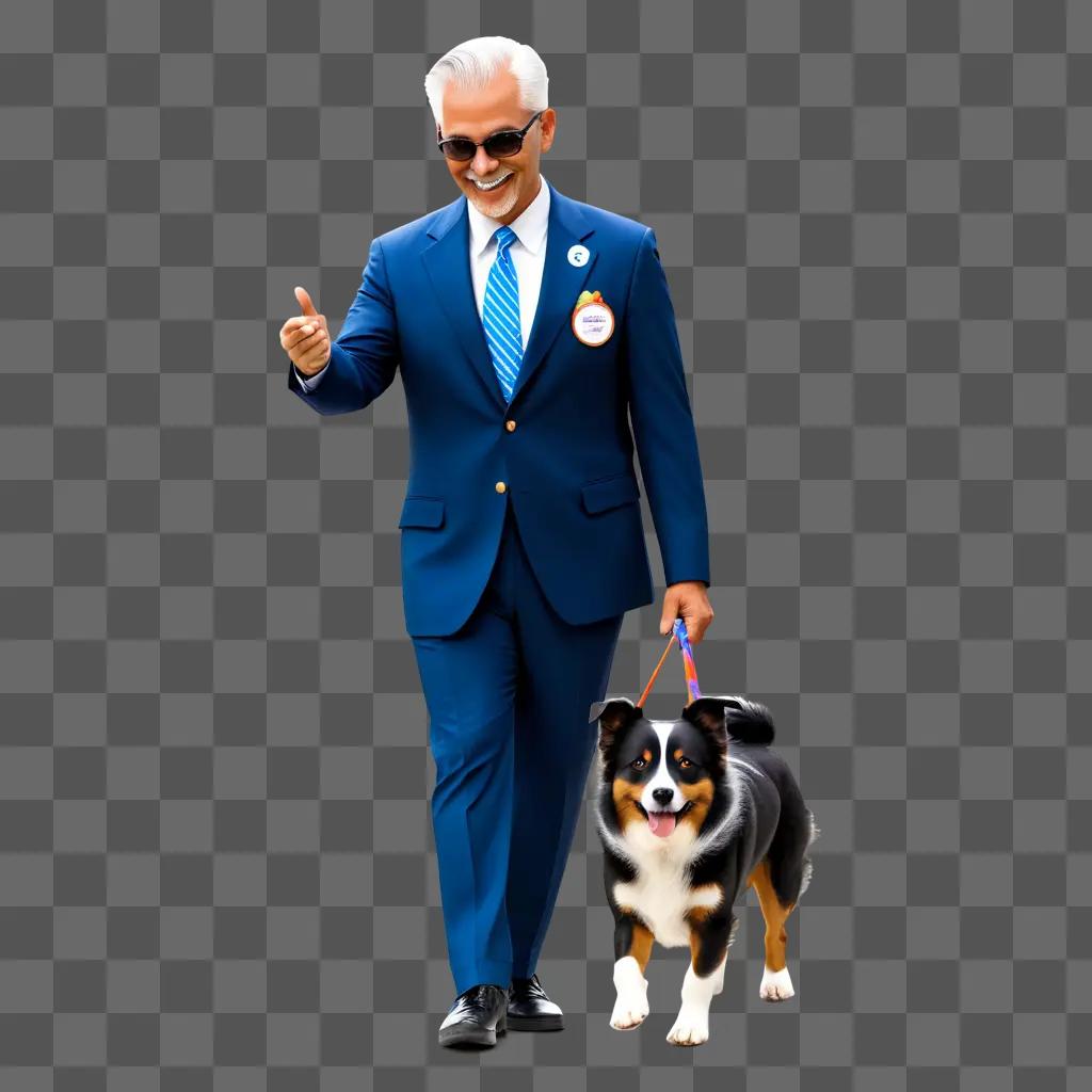 Man with dog at dog show wearing blue suit and tie