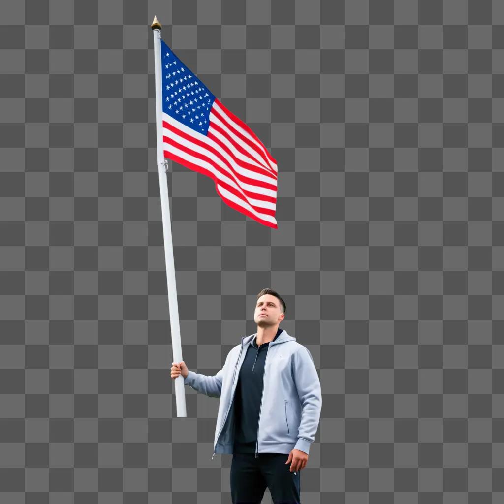 Man with flag standing on purple background