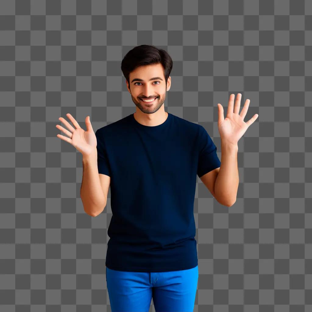 Man with hands up against dark background