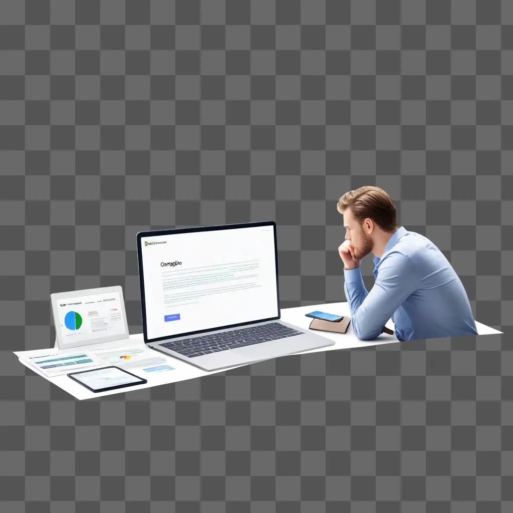 Man with laptop on desk preparing to invest