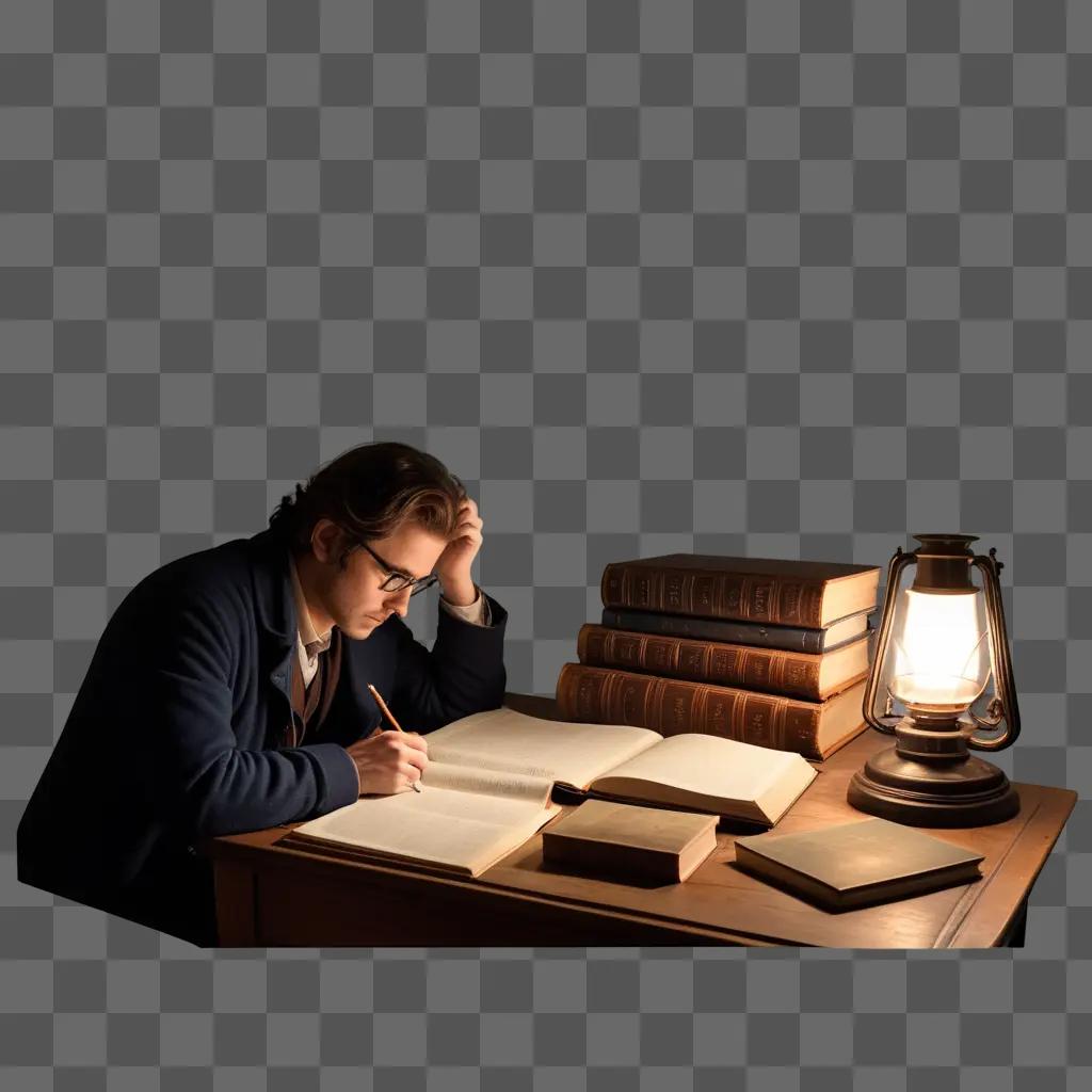 Man with open book writing at night