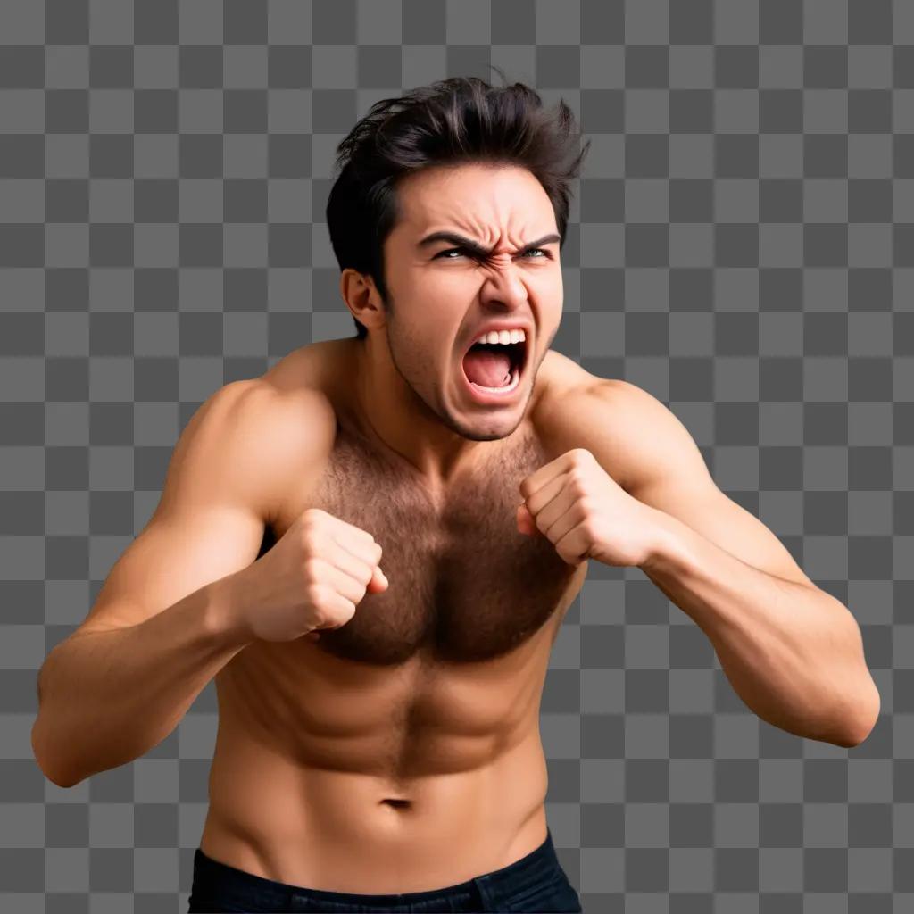 Man with open mouth and raised fists