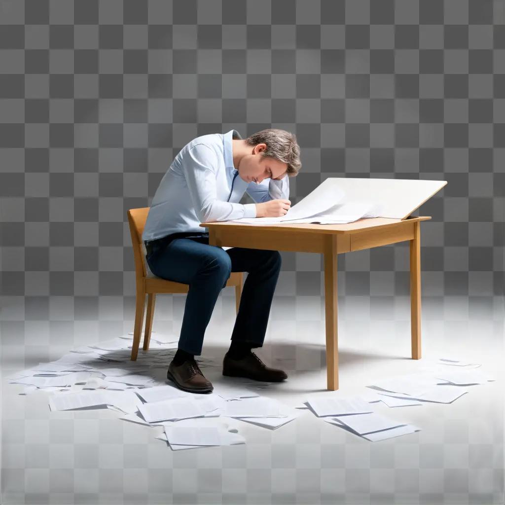 Man with papers and head down at desk