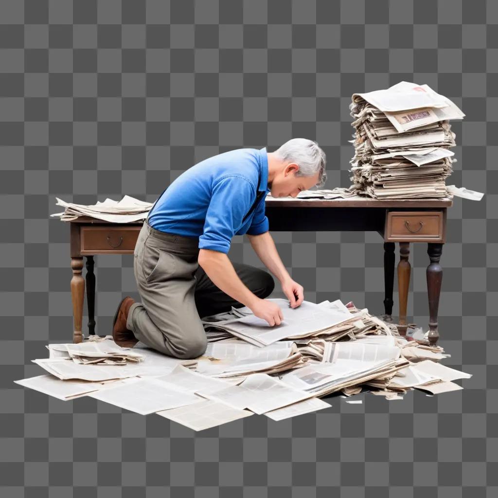 Man with papers and newspaper scraps on desk