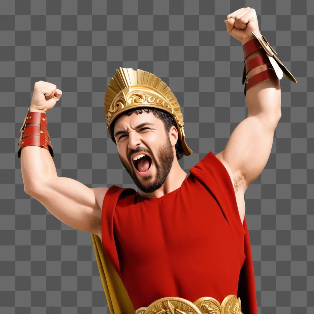 Man with red shirt and gold crown celebrates victory