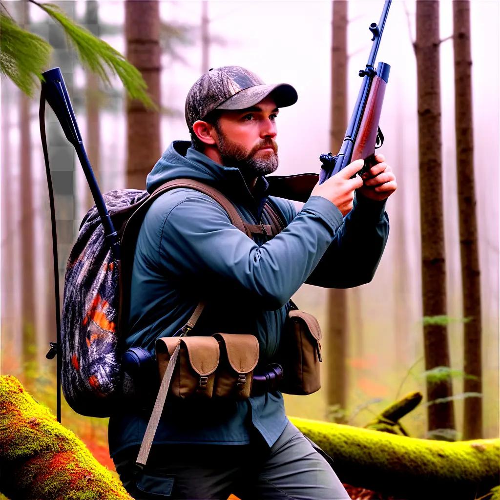 Man with rifle in a forest on a clear day