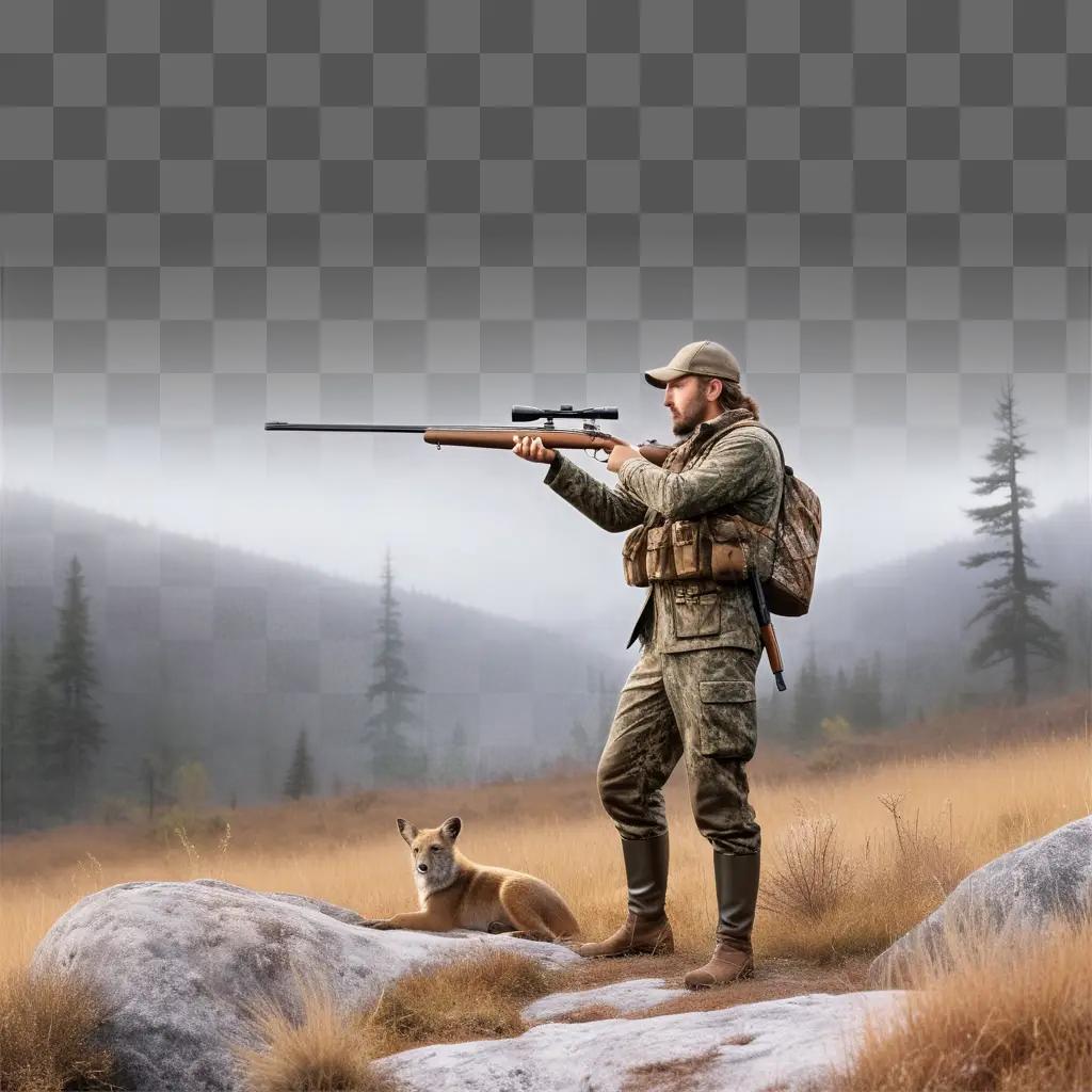 Man with rifle in foggy landscape with a dog