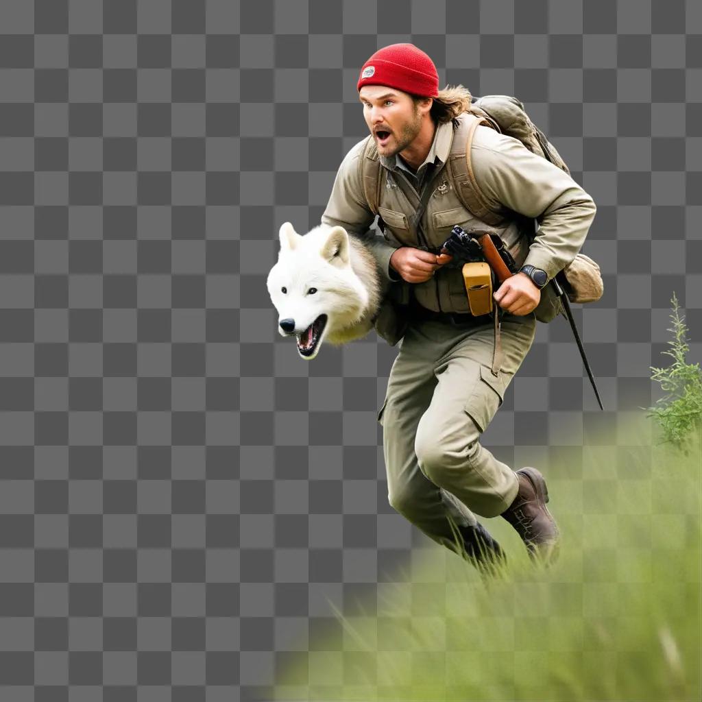 Man with rifle runs with white dog