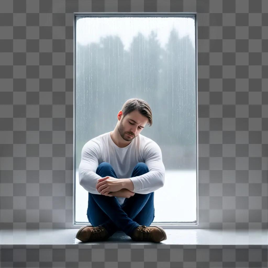 Man with sad face sits in front of window